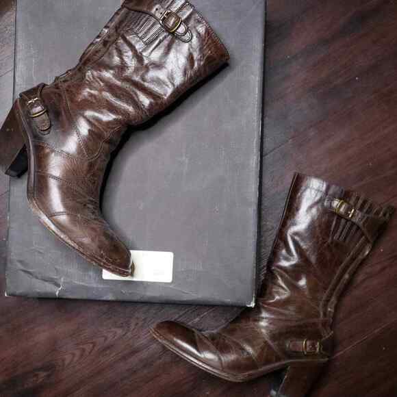 BELSTAFF Roadmaster High Heel Boots Distressed Leather Black Brown Size 37 - Picture 1 of 10